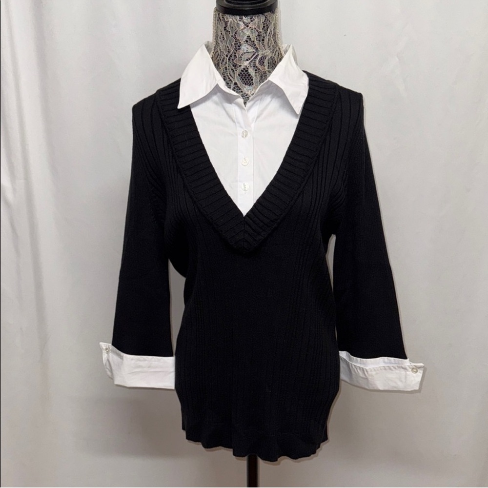 Gitano Black Ribbed Sweater Faux Layered White Collar Plus 18/20W